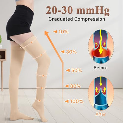 Medical Compression Stockings, 20-30 mmHg Thigh High Support Socks - color: Beige, size: Medium