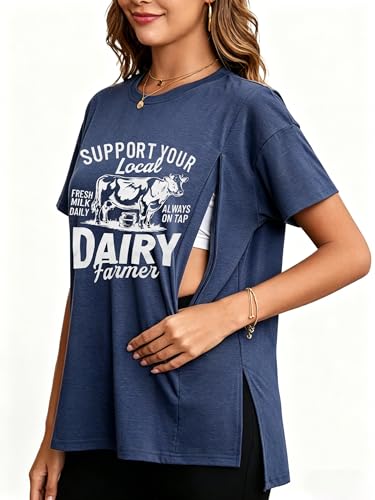 Breastfeeding Shirts for Women Hidden Zippers Nursing Shirt Side Split Tees - color: Blue, size: Large