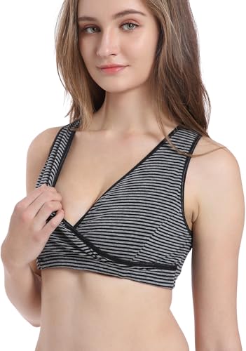 CAKYE 4 Pack Nursing Bras for Breastfeeding Maternity Cotton Sleep Bralette - color: A-black/Navy Dot/Grey Print/Stripe-4pcs, size: Small