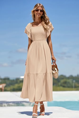 MASCOMODA Womens Summer Casual Smocked Flowy Midi Dress - color: Apricot, size: X-Large