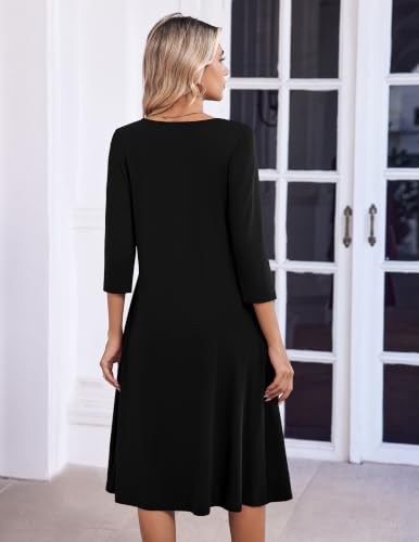 Zeagoo 3/4 Sleeve Women's Dress Pleated Midi Casual Dresses with Pockets - color: Black, size: Medium