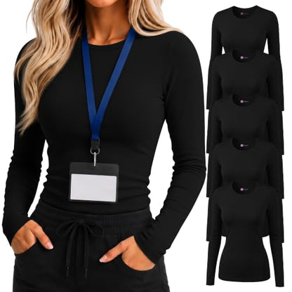Oakgarden 5 Pcs Womens Long Sleeve Underscrub Shirt Crew Neck - color: Black, size: Large
