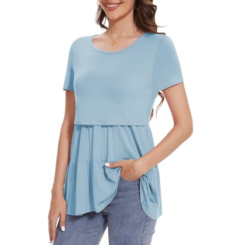 Bearsland Short Sleeve Nursing Top - color: Iron Gray‌ & Pastel Pink & Light Blue, size: Large