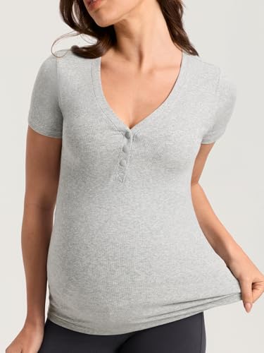 MOMANDA Cotton Ribbed Henley Maternity Tshirts - color: Classic Heather, size: Large