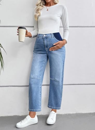 BLENCOT Maternity Jeans High Waist Barrel Wide Leg Pregnancy Denim Pants - color: P604 Blue, size: Medium