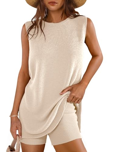 Glamaker Women's 2 Piece Short Sets Summer Lounge Sets Sweater Knit Beach Vacation Matching Sets Travel Outfits - color: Beige, size: Medium
