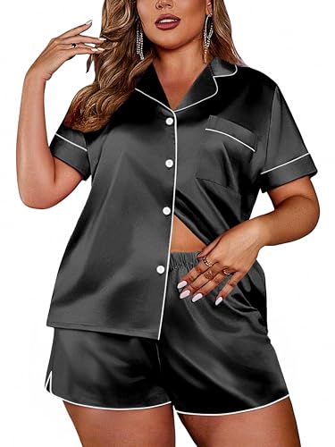 Ekouaer Womens Silk Satin Pajamas Set Short Sleeve Sleepwear S-5X Plus Size - color: Black, size: Small