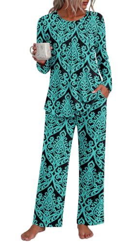 Addtoo Womens Fall Pajama Sets 2026 2 Piece Long Sleeve Soft Loungewear - color: Fl Blue-green, size: XX-Large