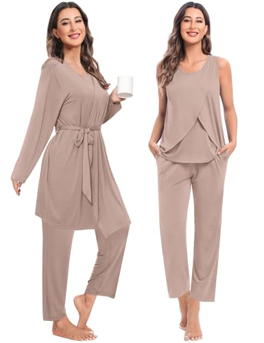SWOMOG Maternity Nursing Robe Set 3 PCS Postpartum Breastfeeding Pajamas Hospital Pregnancy Pjs Double Layer Lounge Set - color: Light Brown, size: X-Large