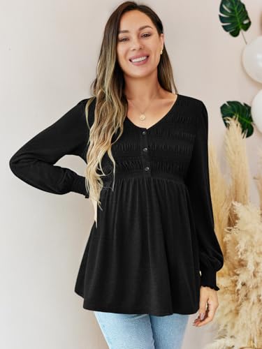FMEYOA Maternity Tops V Neck Puff Sleeve Smocked Button Maternity Shirts - color: Black, size: Small