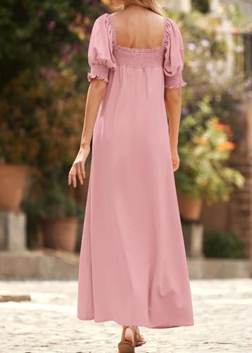 KIRUNDO Women Summer Maxi Dress Puff Sleeve Long Dresses - color: Bean Paste Pink, size: Small