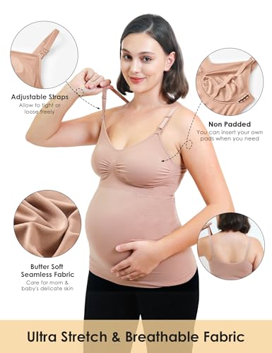 HOFISH Nursing Tank Tops with Built-in Shelf Bra, Pads Not Included - color: Black/Latte, size: Medium
