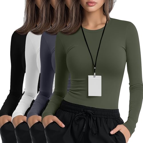 Xaatren 4 Pack Women's Underscrub Long Sleeve Nurse Shirts - color: Black, White, Dark Gray, Army Green, size: X-Small