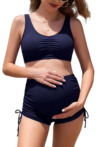 SHEKINI Women's Maternity Swimsuit Maternity Bathing Suit with Adjustable Shorts - color: Dark Blue, size: XX-Large