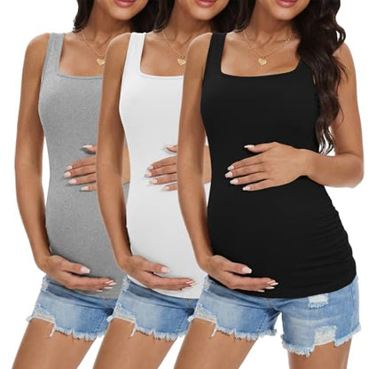 Ekouaer 3 Pack Maternity Tank Tops Square Neck Maternity Shirts - color: Black/Light Grey/White, size: XX-Large