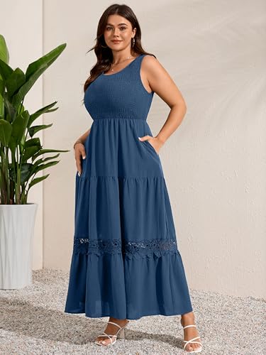 RWJ Plus Size Summer Dresses Smocked Sleeveless Sundress Beach Maxi Dress - color: Dusty Blue, size: Large Plus