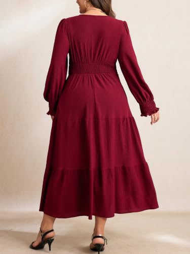 RWJ Women's Plus Size Fall Wedding Guest Dress Long Sleeve Maxi with Pocket - color: Burgundy, size: Large Plus