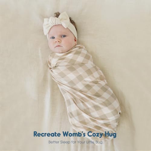 GRSSDER 3-Pack Ultra Soft Stretchy Jersey Knit Baby Swaddle Blankets, 33x44 - color: Bloom Bun & Gingham Check & Beige