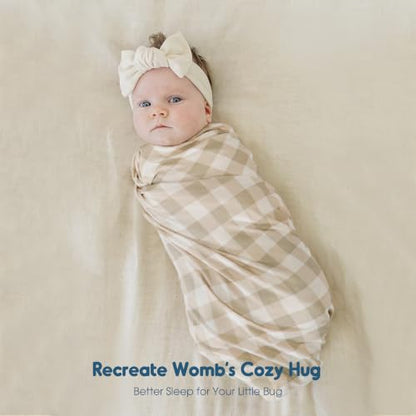 GRSSDER 3-Pack Ultra Soft Stretchy Jersey Knit Baby Swaddle Blankets, 33x44 - color: Bloom Bun & Gingham Check & Beige