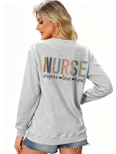 Nurse Sweatshirts for Women Nurse Inspire Love Heal Inspirational Pullovers - color: Grey, size: Medium