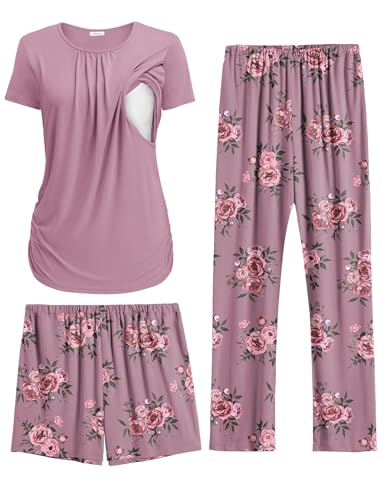 Ekouaer Maternity Nursing Pajamas Set 3 Piece Postpartum Breastfeeding Pjs - color: Floral Lilac, size: Large