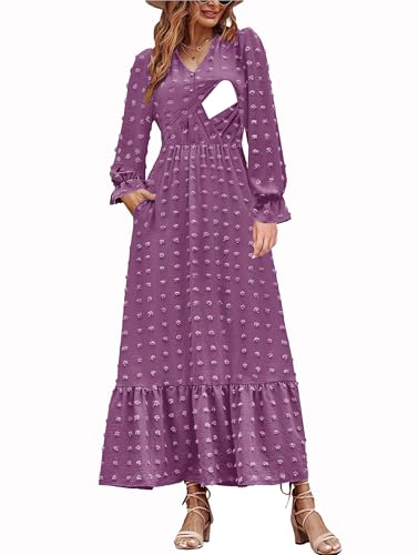 CzzzyL Women Nursing Boho Maxi Dress Swiss Dot Smocked with Pockets - color: Purple, size: Medium