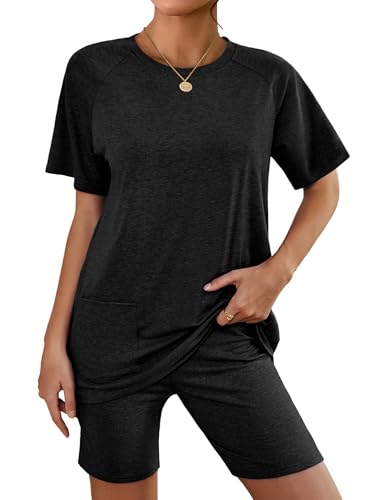 Ekouaer Women 2 Piece Lounge Set Crewneck Tshirt Biker Short Summer Outfit - color: Black, size: Large