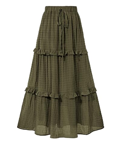 BTFBM Casual Solid Maxi Skirt Fall Clothes Flared A-Line Skirts for Women - color: Army Green, size: X-Large