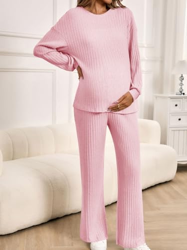 Yousify Womens Maternity Pajamas Sets 2 Piece Outfits Ribbed Knit Lounge Set - color: Light Pink, size: Medium