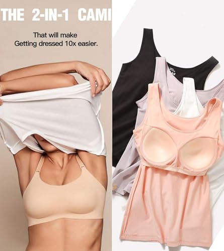 Tank Top with Built in Bra Cup for Women Casual Wide Strap Sleevless Layer Camisole Yoga Top Pack S-3XL - color: Black - White - Grey, size: Medium