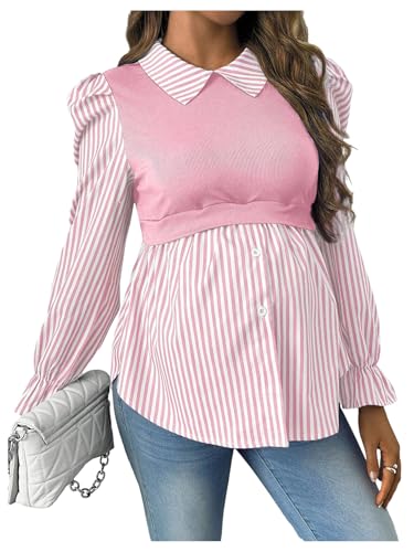 WDIRARA Women's Maternity Striped Button Down Shirts Long Sleeve Collared Blouse 2 in 1 Nursing Top - color: Pink, size: X-Large
