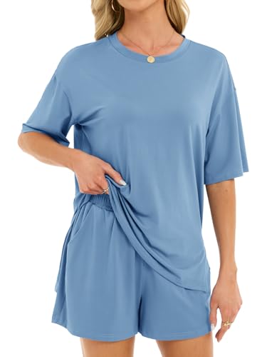 Women's 2 Piece Short Sets Loose Lounge Sets Oversized Summer Matching Sets - color: Blue, size: XX-Large