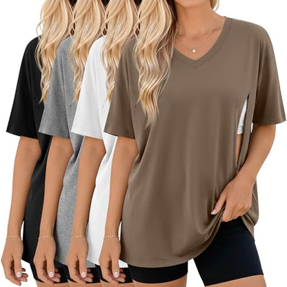 4 Pack Women's Oversize Nursing Tops - color: Light Brown, White, Light Gray, Black, size: XX-Large