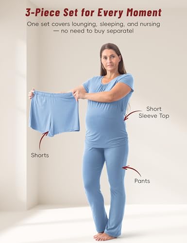 SUNNYBUY Womens Maternity Nursing Pajamas Set 3 Piece Breastfeeding PJS - color: Blue Gray, size: X-Large