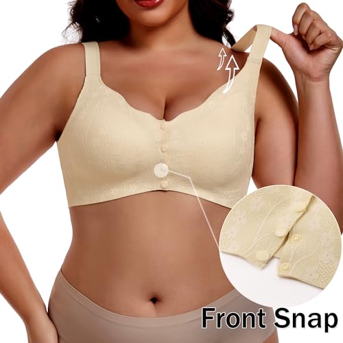 IWOLLENCE Womens Front Snap Closure Daisy Bras Soft Seamless Wireless Lace Bralettes Comfort Full Coverage Bra - color: Apricot, size: Large