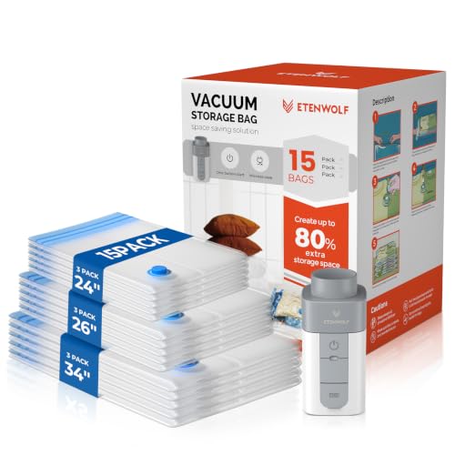 ETENWOLF 15 Combo Vacuum Storage Bags for Travel with Wireless Pump - size: 15 Travel Size-E