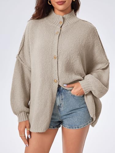 Saodimallsu Womens Oversized Cardigans Long Lantern Sleeve Button Down Chunky Knit Loose Fall Sweater Coats - color: Khaki, size: Medium