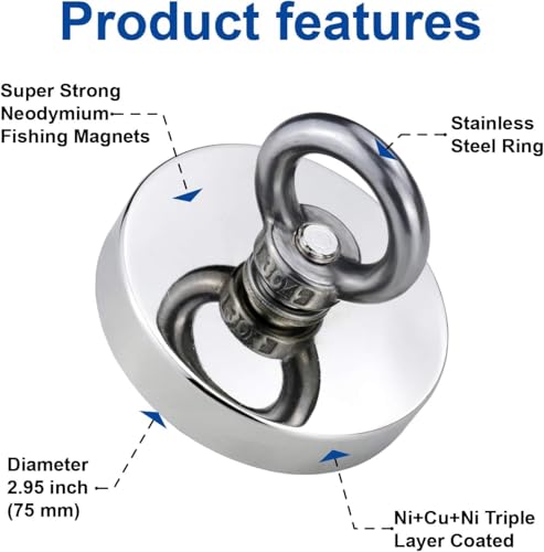 DIYMAG Fishing Magnet, 2.95 Inches Large Strong Magnets for Lifting 2 Pack - size: 75mm(2.95 inches)-2Pack, style: Single Hole