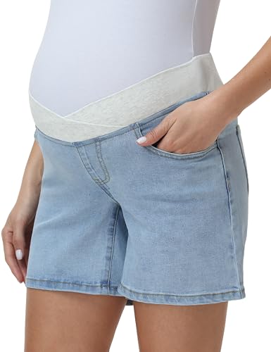 Foucome Women's Maternity Jean Shorts Under the Belly - color: Light Blue, size: Small