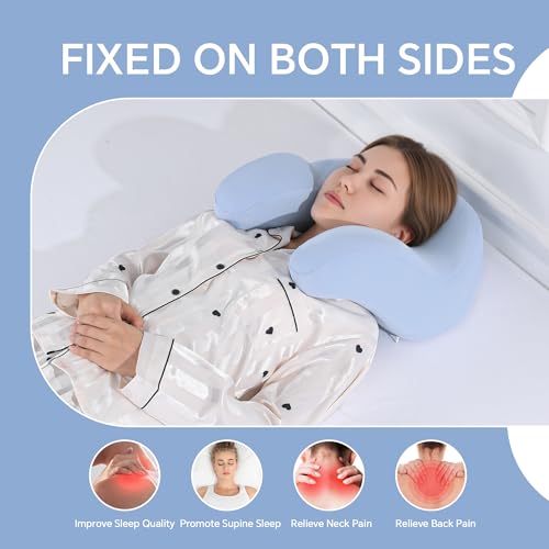 ROYALAY Back Sleeping Training Pillow, Memory Foam Beauty Pillow with Adjustable Height, Neck & Shoulder Support, 2 Washable Covers, Blue