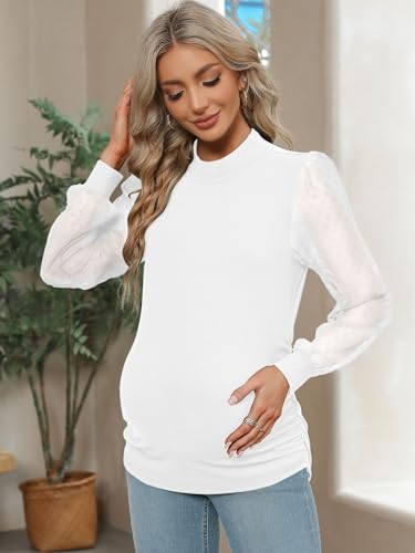 FMEYOA Women's Maternity Shirt Long Sleeve Top Mock Neck Blouse - color: White, size: Medium