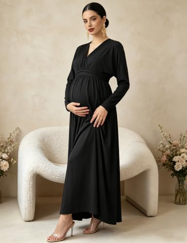 Maternity Long Sleeve V Neck Maxi Dress Tie Waist Flowy Maxi Gown - color: Black, size: Small