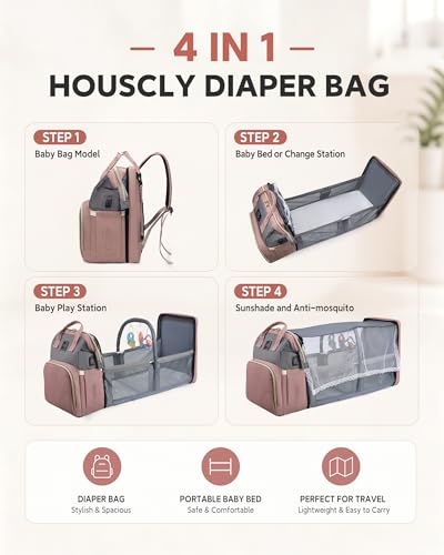 houscly Diaper Bag Backpack with Changing Station, 25L Large Capacity - color: Peach Pink