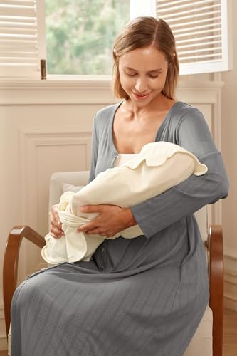 OUGES Cotton Blend Maternity Pajamas Nightgown Button Down Nursing Gown Labor Delivery Breastfeeding Dress with Pockets - color: Grey, size: Small