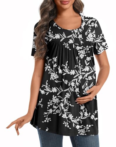 Maternity Tops for Women Summer Pleated Shirt - color: Black Carved White, size: Large