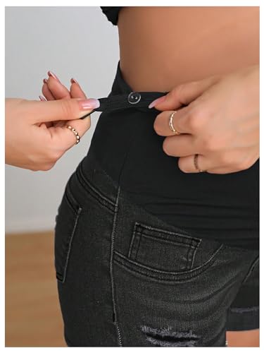 BEAUDRM Women's Maternity Adjustable High Waist Denim Mini Shorts - color: Solid Black, size: Large