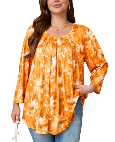 Plus Size Tunic Tops for Women 3/4 Sleeve Tunics Loose Fit Shirt Crew Neck Pleated Solid Casual Dressy Blouses - color: F-tie Dye Orange, size: 3X-Large