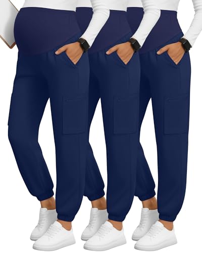 3 Pack Maternity Scrub Cargo Jogger Pants - color: Navy Blue, size: X-Large