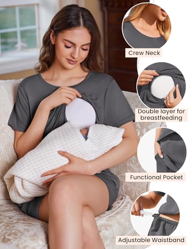 Ekouaer 2 Pack Nursing Pajamas Set Postpartum Outfits for Women - color: Black/Deep Grey, size: Medium