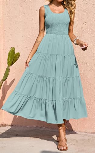 PRETTYGARDEN Women's Smocked Tank Casual Plain Maxi Sundress with Pockets - color: Aqua Green, size: Large